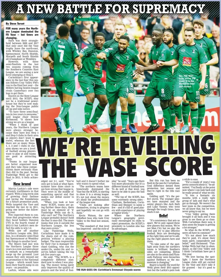  ??  ?? THE RUN GOES ON: Corinthian’s Emmanuel Oloyede scores
ALL THE WAY: Cray Valley PM made it to the Wembley final last season