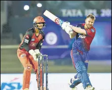  ?? BCCI ?? DC’S David Warner on way to an unbeaten 92 off 58 balls against Sunrisers Hyderabad at the Brabourne stadium on Thursday.