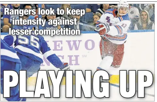  ?? USA TODAY Sports ?? GIANT KILLERS: Kevin Hayes takes a shot during the third period of the Rangers’ 2-1 overtime win against the Lightning on Thursday, the second straight game in which the newly surging Blueshirts toppled one of the NHL’s top teams.