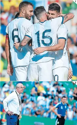  ?? FOTOS: AFP ?? (1) Lucas Alario anda de parranda con el gol: le había hecho uno a Alemania y ayer repitió ante Ecuador. (2) Dos compatriot­as: el interín de Ecuador Jorge Célico y el oficial de Argentina, Lionel Scaloni.