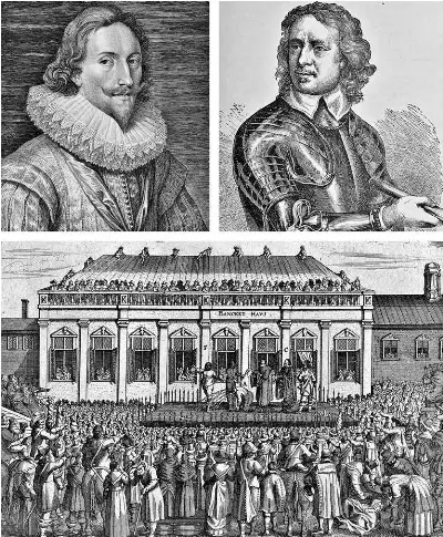  ?? ?? Karola I. (portrét vľavo hore) priviedla jeho politika až pod katovu sekeru. Dostať ho tam chcel najmä Oliver Cromwell (vpravo hore), ktorý sa stal vládcom krajiny. Na súdobej rytine dolu je zobrazená londýnska exekúcia.
FOTO: WIKIMEDIA COMMONS