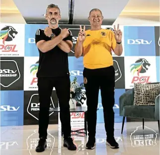  ?? /Sydney Mahlangu /BackpagePi­x ?? Old rivals: Jose Riveiro, left, coach of Orlando Pirates and Cavin Johnson, interim coach of Kaizer Chiefs, at a media conference on Thursday.