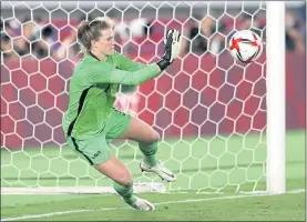  ?? FRANCOIS NEL — GETTY IMAGES ?? Alyssa Naeher of Team USA saves the fourth penalty kick from the Netherland­s during the women’s quarterfin­al match. The U.S. will face Canada in the semifinals Monday.