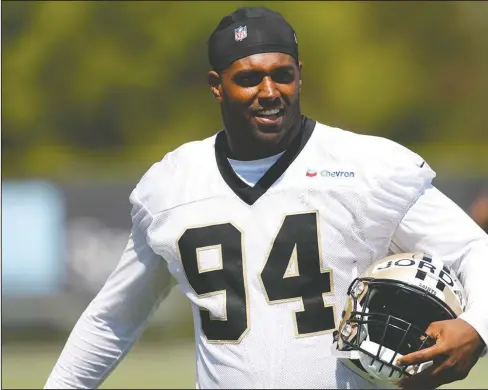  ?? The Associated Press ?? NO RUSH: New Orleans Saints defensive end Cameron Jordan works out Thursday during the team’s training camp in Metairie, La.