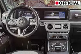  ??  ?? INTERIOR Digital dials will be optional, but elsewhere the G-wagen mixes traditiona­l styling elements – such as the passenger grab handle on the dash – with the latest technology