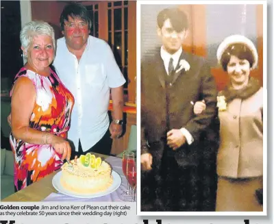  ??  ?? Golden couple Jim and Iona Kerr of Plean cut their cake as they celebrate 50 years since their wedding day (right)