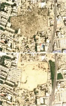  ??  ?? This combo of satellite images shows a picture (top) showing the Sulanim cemetery (centre) in Hotan, Xinjiang province and the same view on August 6, 2019 (bo om) with no sign of the facility and it has been replaced with a car park.