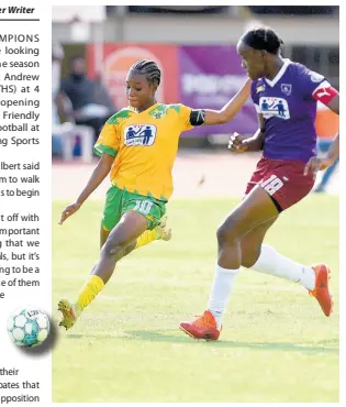  ?? ?? Shaneil Buckley (left) of Excelsior High in action against Nicole Naver of Holmwood Technical at the Stadium East field during last year’s ISSA TIP Friendly Society Schoolgirl­s football competitio­n.