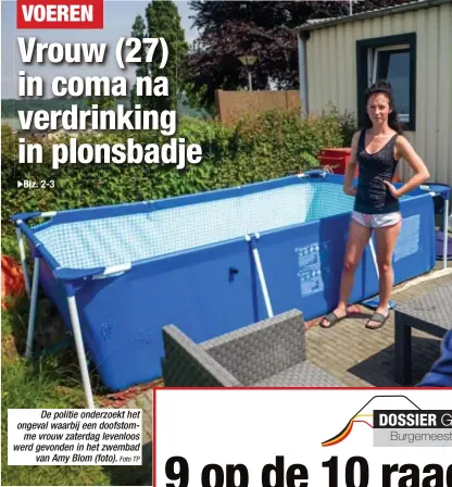  ?? Foto TP ?? De politie onderzoekt het ongeval waarbij een doofstomme vrouw zaterdag levenloos werd gevonden in het zwembadvan Amy Blom (foto).