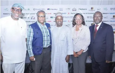  ?? Photo: Benedict Uwalaka ?? From Left: Chairman, NACCIMA Agric Trade Group, Mr. Ade Adefeko; Chairman of the Occasion, Mr. Emmanuel Ijewere; CEO/Editor-in-Chief, Media Trust Limited, Mannir Dan
Ali; Corporate Communicat­ions/Corporate Affairs Manager, Nestle Nigeria Plc, Mrs Victoria Uwadoka; and Deputy Managing Director, Jaiz Bank Plc, Mr. Mahe Abubakar, during Daily Trust’s 2019 Agric Conference and Exhibition at Federal Palace Hotel in Victoria Island, Lagos yesterday