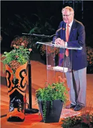  ??  ?? Oklahoma State president Burns Hargis speaks during the Celebratio­n of Life for OSU alumnus and benefactor T. Boone Pickens at Gallagher-Iba Arena in Stillwater, Okla., Wednesday, Sept. 25, 2019. [NATE BILLINGS/ THE OKLAHOMAN]