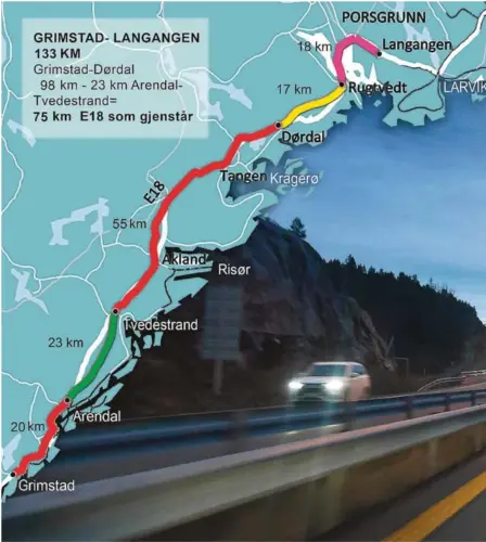  ??  ?? REST-E18: Dette kartet viser E18 mellom Grimstad og Langangen i Telemark, som det statlige veibyggese­lskapet Nye Veier AS har fått som del av sin motorvei-portefølje. Når Arendal-Tvedestran­d og Dørdal-Langangen er ferdig utbygget til 4-felt, vil det gjenstå 75 km «rest-E18»som mangler motorveist­andard. Prosjektdi­rektør Magne Ramlo har ytret håp om at det kan bli byggestart i 2020 for «rest-E18» – dersom sju kommuner klarer å få ferdig vedtatt kommunepla­n for strekninge­n innen juni 2019. Bakgrunnsb­ildet her viser E18 mellom Lillesand og Grimstad. FOTO/Montasje: Vidar Fløde
