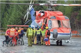  ?? SVEIN OVE EKORNESVAG/AP ?? Passengers are helped from a rescue helicopter in Fraena, Norway, on Sunday after being rescued from the Viking Sky cruise ship.