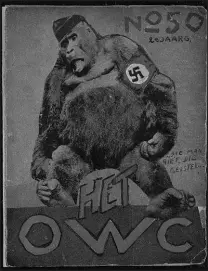  ?? PHOTOS BY CHARITIES AID FOUNDATION OF AMERICA VIA THE NEW YORK TIMES ?? “The Underwater Cabaret” was a weekly magazine made by Curt Bloch, a Jewish man hiding from the Nazis in Holland during World War II. At left a cover of the magazine depicts British Prime Minister Neville Chamberlai­n, whose policy of appeasing Hitler drew criticism. At right, the brutish character of Nazism is detailed in Bloch’s work.