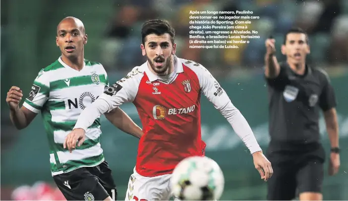  ??  ?? Após um longo namoro, Paulinho deve tornar-se no jogador mais caro da história do Sporting. Com ele chega João Pereira (em cima à direita), um regresso a Alvalade. No Benfica, o brasileiro Lucas Veríssimo (à direita em baixo) vai herdar o número que foi de Luisão.