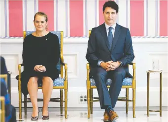  ?? JUSTIN TANG /THE CANADIAN PRESS FILES ?? Prime Minister Justin Trudeau sits with former governor general Julie Payette at Rideau Hall on Nov. 20, 2019. Payette resigned Thursday after a damning workplace review.