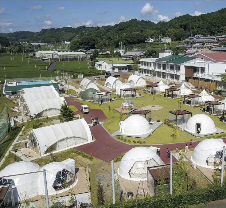  ?? ?? Glamping & Port Yui, built on the site of a former elementary school, is seen in Shimada, Shizuoka Prefecture, on Sept. 4.