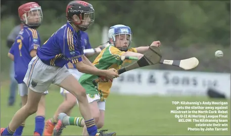  ?? Photos by John Tarrant ?? TOP: Kilshannig’s Andy Hourigan gets the sliothar away against Millstreet in the North Cork Rebel Og U-12 AI Hurling League Final BELOW: The Kilshannig team celebrate their win