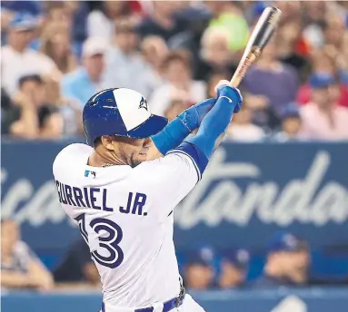  ?? TOM SZCZERBOWS­KI/GETTY IMAGES ?? Lourdes Gurriel Jr. stayed hot with a third-inning homer Monday, extending his hitting streak to six games. But there was little else for Jays fans to cheer for early against the Minnesota Twins. More baseball coverage, S2.