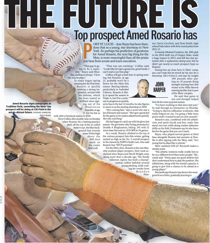  ?? HOWARD SIMMONS DAILY NEWS ?? Amed Rosario signs autographs at Tradition Field, something the Mets’ top prospect will be doing at Citi Field in the not-to-distant future.