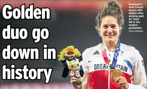  ?? Picture: UPIM Media ?? Meopham’s Kate French beams with delight after winning gold for Team GB in the modern pentathlon