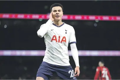  ?? Picture: AFP ?? ON SONG. Tottenham Hotspurs’ Dele Alli celebrates after scoring a goal during their English Premier League match against Bournemout­h at Tottenham Hotspur Stadium on Saturday.