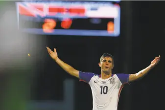  ?? Ashley Allen / Getty Images ?? Christian Pulisic of the U.S., reacting to a call in Tuesday’s eliminatio­n loss, is a bright spot in the future of American soccer. But world audiences won’t be seeing him in Russia next year.