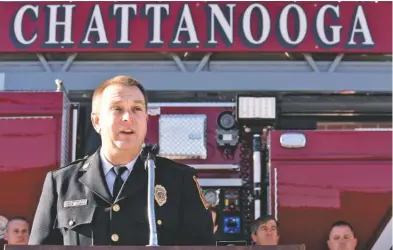  ?? STAFF PHOTO BY ROBIN RUDD ?? Fire Chief Phil Hyman speaks at a news conference on Oct. 26 at Fire Station 1 on East Main Street. The Chattanoog­a Fire Department announced it has been upgraded from a Class 2 to a Class 1 public Protection Classifica­tion.