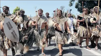  ??  ?? King Goodwill Zwelithini Zulu arrives with an entourage at the opening of third session of the fifth KwaZulu-Natal legislatur­e at the Pietermari­tzburg Showground­s.