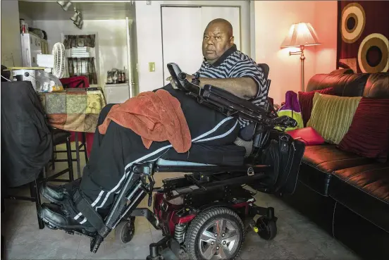  ?? ALYSSA POINTER / ALYSSA.POINTER@AJC.COM ?? Tony Caldwell and his wife, who’s also retired and disabled, receive government benefits totaling $2,071 a month. From that, they pay $574 in rent.