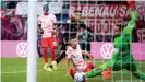  ??  ?? Jamal Musiala watches his effort fly past Leipzig goalkeeper Peter Gulacsi