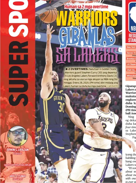  ?? / AP PHOTO ?? ■ 2 OVERTIMES: Nalutsan ni Golden State Warriors guard Stephen Curry (30) ang depensa ni Los Angeles Lakers forward Anthony Davis (3) ning aktuha sa usa sa mga aksyon sa NBA ning Dominggo, Enero 28, 2024 (PH time) diin midaog ang Lakers human sa duha ka mga overtime.