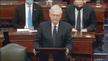  ?? SENATE TELEVISION VIA AP ?? In this image from video, Senate Majority Leader Mitch McConnell of Kentucky speaks as the Senate reconvenes after protesters stormed into the U.S. Capitol on Jan. 6.