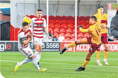  ??  ?? Motherwell’s Jermaine Hylton missed this second-half chance to put his team ahead