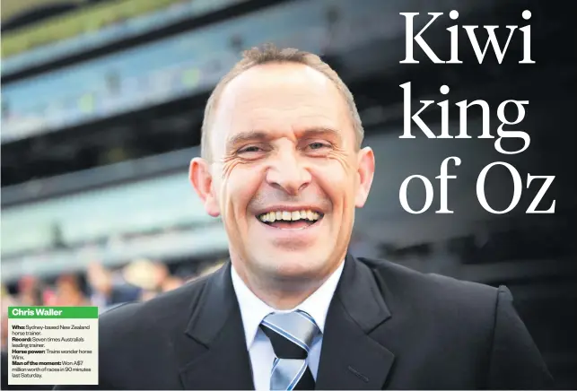 ?? Pictures / AAP, Getty Images ?? Champion ex-pat Kiwi trainer Chris Waller (above) is happy and so is wife Stephanie as she hugs Christine Bowman, wife of jockey Hugh (below), after Winx wins again at Randwick last weekend.