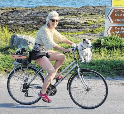  ?? PHOTO: DENIS BOYLE ?? Pet project: Mary Cooke brings her dog Arthur for a spin as she cycles home from a trip to the beach in Garretstow­n, Co Cork, yesterday.