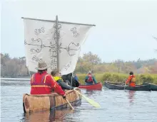  ?? LAWRENCE POWELL/SALTWIRE NETWORK ?? Todd Labrador minutes after he launched this 21-foot, seagoing birchbark canoe at Kejimkujik National Park and National Historic Site Oct. 12. He said the Mi’kmaq were a great seagoing people. It was one of two canoes Labrador and Rose Meuse built at Keji this summer.