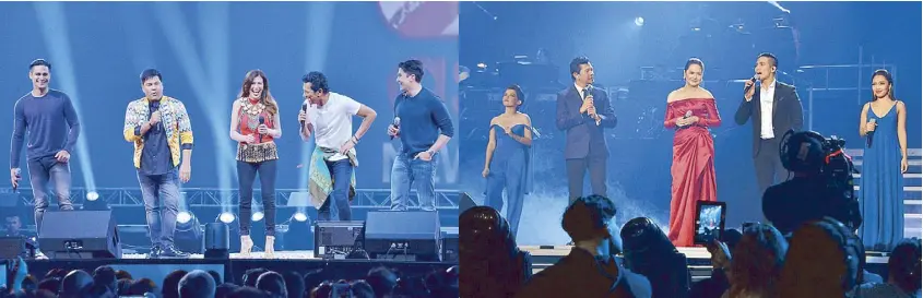  ??  ?? Left: Piolo Pascual, Martin Nievera, Zsa Zsa Padilla, Gary Valenciano and Luis Manzano. Right: Charo Santos-Concio is joined onstage by KZ Tandingan, Gary, Piolo Pascual and Jona.