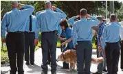  ?? Karen Warren / Houston Chronicle ?? Cy-Fair firefighte­rs salute as Bretagne, a 16-year-old search dog, is led into an animal hospital.