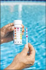  ??  ?? Test strips are the most popular option for pool owners wanting a quick, daily pool chemistry analysis.