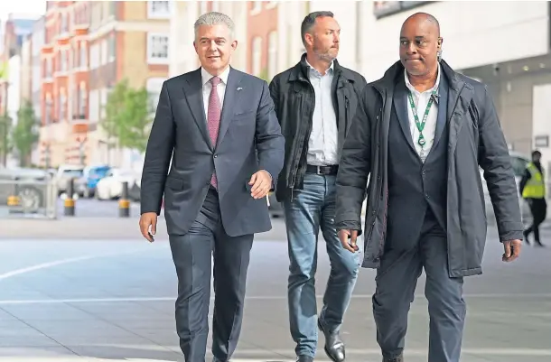  ?? ?? ASSESSMENT: Northern Ireland Secretary Brandon Lewis, left, arrives at BBC Broadcasti­ng House in London yesterday.