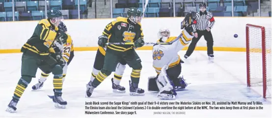  ?? [WHITNEY NEILSON / THE OBSERVER] ?? Jacob Black scored the Sugar Kings’ ninth goal of their 9-4 victory over the Waterloo Siskins on Nov. 20, assisted by Matt Murray and Ty Biles. The Elmira team also beat the Listowel Cyclones 2-1 in double overtime the night before at the WMC. The two...