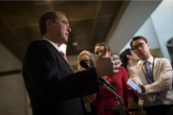  ??  ?? Adam Schiff, Ranking Member on the House Intelligen­ce Committee, speaks with reporters on Capitol Hill yesterday (Getty)