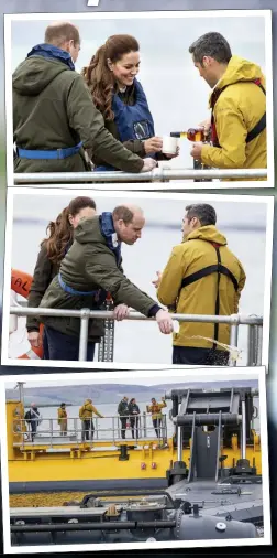  ??  ?? Beating the dram...William and Kate pour whisky over the tidal turbine off the coast of Orkney for good luck