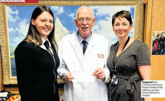  ??  ?? Supportboy­d Tunnock presenting Project leaders Emily Gibbons and Mrs Emma Hall with a cheque