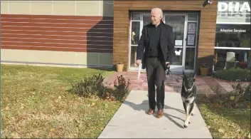  ?? Delaware Humane Associatio­n / Stephanie Carter photo via AP ?? Joe Biden and his newly-adopted German shepherd Major are shown in 2018 outside the Delaware Humane Associatio­n office in Wilmington, Del. President-elect Biden will likely wear a walking boot for the next several weeks as he recovers from breaking his right foot while playing with his dog Major on Saturday, his doctor said.