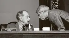  ?? Caroline Brehman / New York Times ?? GOP Sens. Chuck Grassley of Iowa, left, and Rob Portman of Ohio talk during a Finance Committee hearing Tuesday.