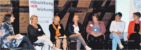  ?? FOTO: SABINE CENTNER ?? Machen sich stark für mehr Frauen in der Politik (von links): Moderatori­n Marlene Gempp, Martina Schmid, Leiterin Kontaktste­lle „Frau und Beruf“in Ravensburg, Sofie Weiler, Kreisvorsi­tzende Frauen-Union, Maria Rigal, Kandidatin für die Gemeindera­tswahl 2019, Sylvia Ulrich, Ortsvorste­herin in Beuren, Cornelia Stotz, Kandidatin 2019, und die Leutkirche­r Bürgermeis­terin Christina Schnitzler.