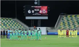  ?? ?? Maccabi Haifa’s starting XI are joined by nine Villarreal players for a minute’s silence before kick-off. Two players from the Spanish side stayed away. Photograph: Chara Savvides/ EPA