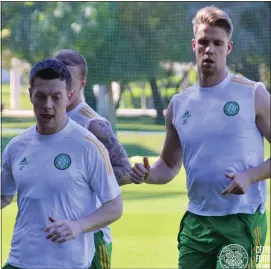  ??  ?? Callum McGregor and Kristoffer Ajer in Celtic training in Dubai